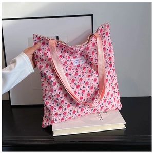 Pink pleated floral tote bag with ice cream prints and stylish woven shoulder straps