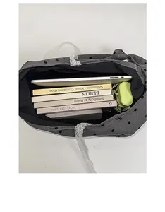 Top view of spacious polka dot canvas tote bag showing interior storage capacity