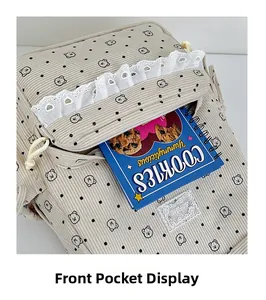 Detail of corduroy backpack front pocket with bear print, lace trim and book storage