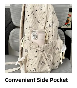 Detail of convenient side pocket on beige corduroy backpack with cute bear print and water bottle