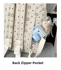 Detail of corduroy backpack rear zipper pocket with a notebook showing secure storage