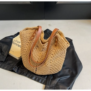 Women Casual Cotton Woven Tote Bag Large Capacity Shoulder Bag With PU Leather Straps For Beach Vacation Bohemian Style