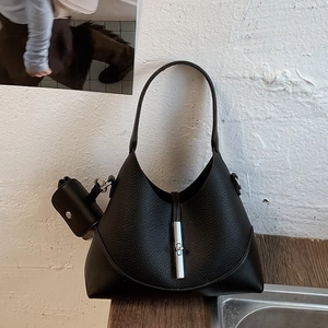 Premium black lychee leather hobo bag with silver buckle and mini pouch set