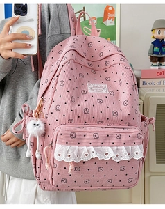 Pink corduroy backpack with cute bear prints, white lace trim and plush monster charm