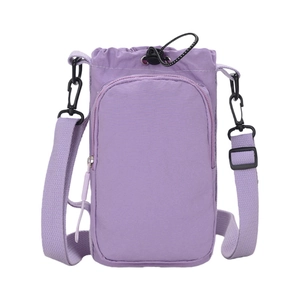 Lavender lightweight nylon crossbody water bottle bag with adjustable strap and front pocket