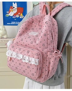 Pink corduroy backpack detail with cute bear prints and white lace trim decoration