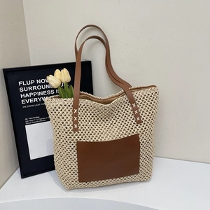 Women Large Capacity Straw Woven Tote Bag Patchwork Leather Pocket Shoulder Handbag For Beach Vacation Daily Travel