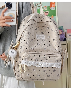 Close-up of beige corduroy backpack featuring cartoon bear prints and lace trim details