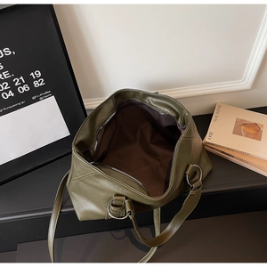 Top view of olive green oversized soft leather tote bag with large interior storage