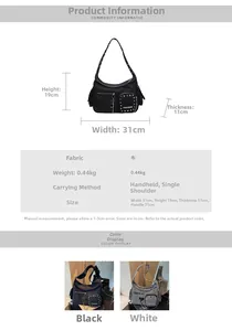Detailed size specifications for canvas rivet shoulder bag with specific dimensions