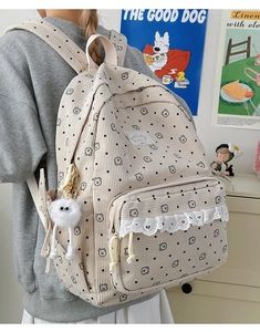 Close-up of corduroy backpack featuring bear print, polka dots, lace trim and plush pendant