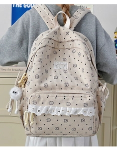 Lifestyle view of beige corduroy backpack with cute bear print and lace detail