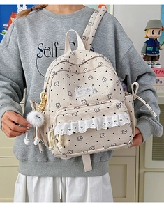 Detailed close-up of beige corduroy backpack with bear print and lace decoration