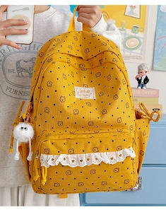 Close-up of yellow corduroy backpack with bear print, lace trim and plush charm detail