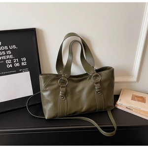 Olive green vintage soft leather tote bag with silver rings and adjustable strap