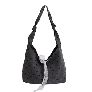 Large capacity dark grey canvas tote bag with polka dots and lace trim for women
