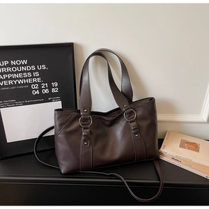 Vintage dark brown soft faux leather tote bag with silver studs and shoulder strap for women