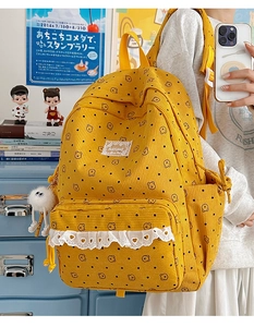 Detailed texture of yellow corduroy backpack with bear prints and lace heart border