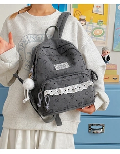 Close-up of cute cartoon bear print on high-capacity grey corduroy backpack with lace trim