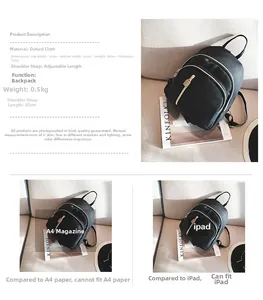 Detailed dimensions of black Oxford cloth mini backpack with adjustable strap and gold zipper