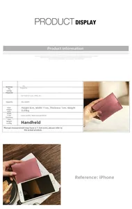 Pink PU leather card holder wallet showing interior pockets and size comparison