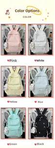Detailed grid showing cute bow embroidery patterns on backpacks in six pastel colors