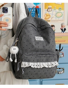 Close-up of gray corduroy backpack with bear prints, lace trim and plush charm