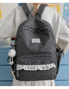 Detail of grey corduroy backpack with cartoon bear prints and lace trim decoration