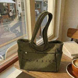 Sac Cabas en Velours Côtelé Rétro Grande Capacité Broderie de Lettres Multi-Poches Sac à Épaule Décontracté pour Femme École Voyage