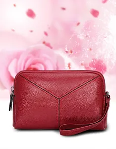 Elegant red litchi texture leather wristlet clutch bag with Y-shaped quilted design