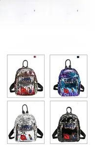 Detail view of sparkly sequin backpacks in red, blue, silver and black with lip patterns