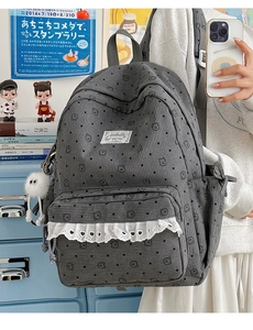 Detail of grey corduroy backpack with cute bear print and white lace trim decoration