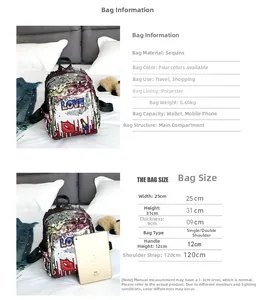 Size chart showing dimensions and capacity for the sequined backpack with lip motif