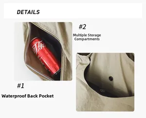 Détail d'un sac fourre-tout en nylon kaki avec poche imperméable au dos et compartiments aimantés