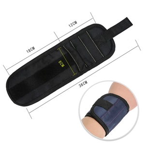 Detailed size specifications and wrist fitting view of this black magnetic tool wristband