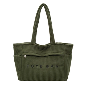 Sac cabas en velours côtelé vert armée avec broderie TOTE BAG et poches latérales