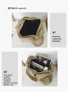 Détail macro montrant la grande capacité du sac fourre-tout kaki avec poches internes