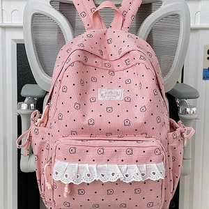 Cute Cartoon Bear Print Nylon Backpack For Women Polka Dot Pattern Lace Trim Large Capacity School Bag Travel Daypack