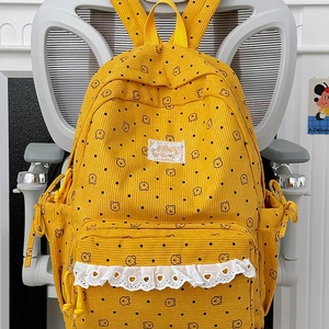 Yellow corduroy backpack featuring cute bear prints and white lace trim for women and students