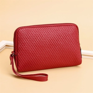Deep red melon pattern PU leather clutch bag with wrist strap and smooth zipper closure