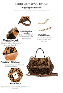 Details der Handtasche mit Leopardenmuster, Metallkette, Nieten und stabilem Tragegriff