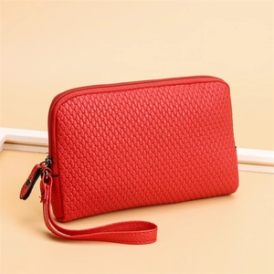 Chic bright red sunflower seed pattern PU leather clutch bag with a wrist strap for women