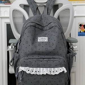 Cute grey corduroy backpack with cartoon bear prints and delicate white lace detailing