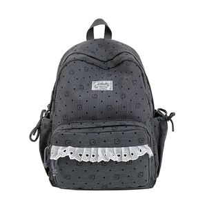 Dark grey corduroy backpack with cute bear print and lace detail for students