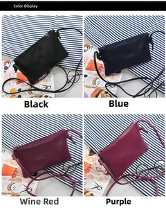 Detail view showing minimalist crossbody bags in black, blue, wine red, and purple colors