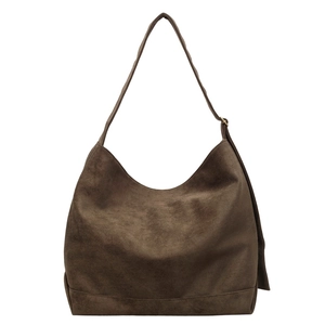 Minimalist large capacity dark brown faux suede tote bag with a retro hobo shoulder design