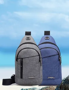 Detail of crossbody chest bag featuring earphone port and durable fabric texture