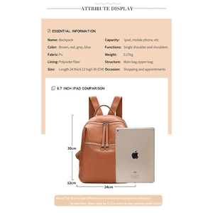 Size comparison chart of washed PU leather backpack with internal iPad storage layout