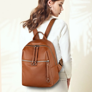 Brown washed PU leather backpack with silver zippers shown on a model's back