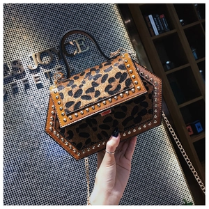 Detail der sechseckigen Handtasche mit Leopardenmuster, Goldnieten und Metallkette